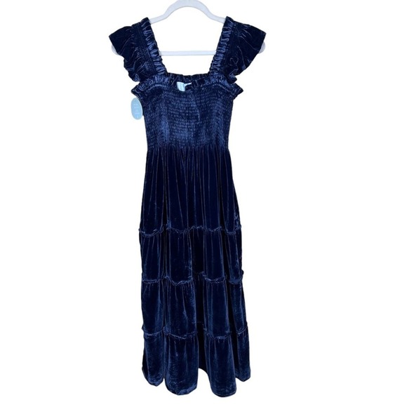 Hill House Navy Velvet Ellie Nap Dress S Holiday Midi Tired Ruched Sleeveless - Picture 5 of 14